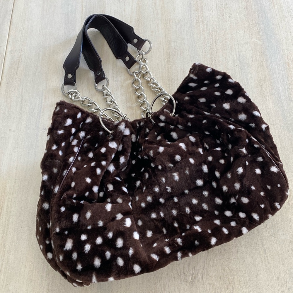 Glenda gies white brown polka dot vegan fur bucket satchel shoulder bag purse